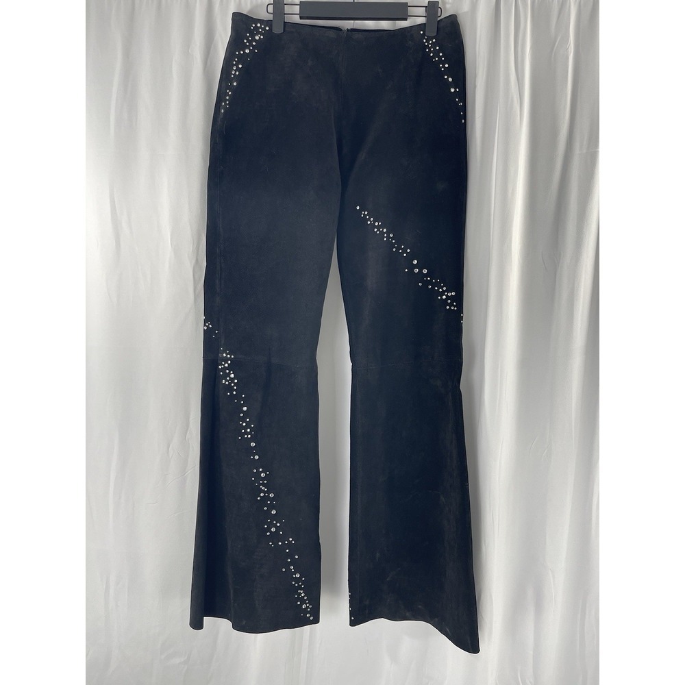 Vtg Wilsons Leather Maxima Black Suede Leather Rhinestone Flare Pants Size 10